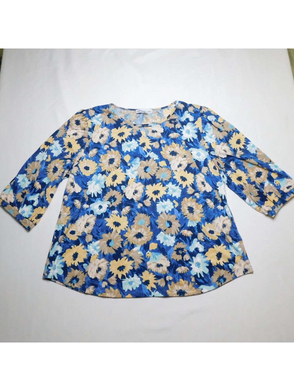 Southern Lady Petite PL Women's Blouse Blue Yellow Floral 3/4 Sleeve Top
